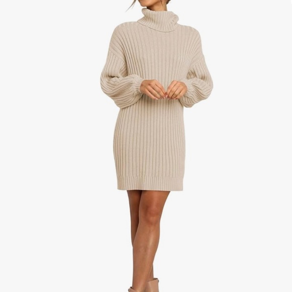 NWOT Logene Women's Sweater Dress - Ribbed - Turtleneck - Pullover Beige Size M - Picture 3 of 6